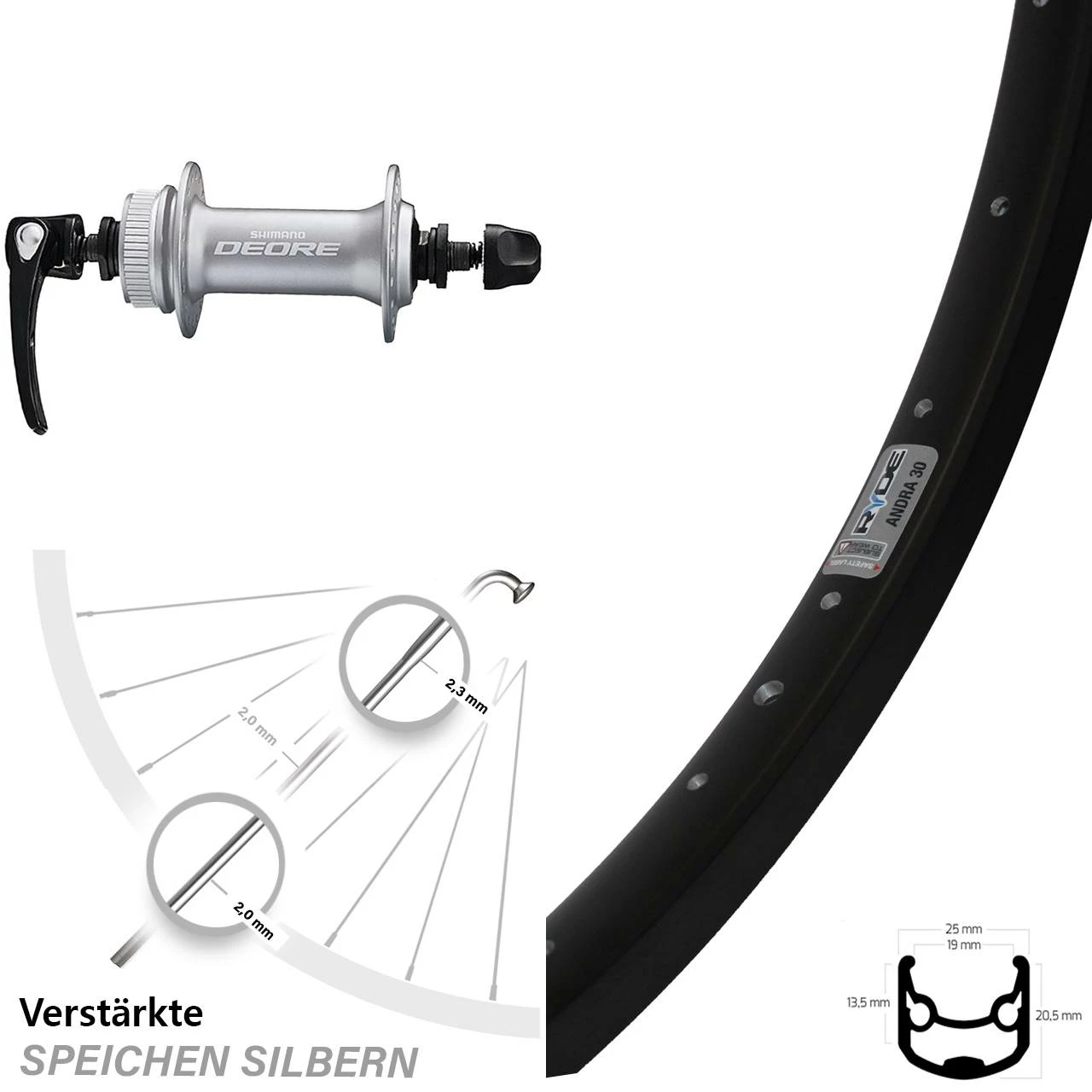 26 Zoll Vorderrad Shimano Deore HB-M6000 Silbern Ryde Andra 30 Disc Centerlock 3 26 Zoll Vorderrad Shimano Deore HB-M6000 Silbern Ryde Andra 30 Disc Centerlock