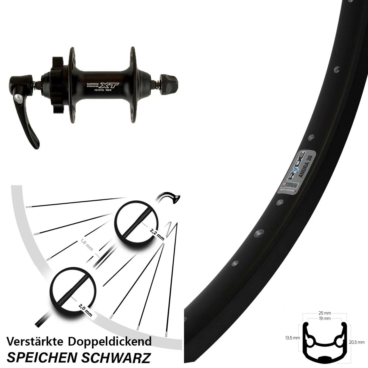 28/29 Zoll Vorderrad Shimano Deore XT HB-M756 Ryde Andra 30 Disc 3 28/29 Zoll Vorderrad Shimano Deore XT HB-M756 Ryde Andra 30 Disc