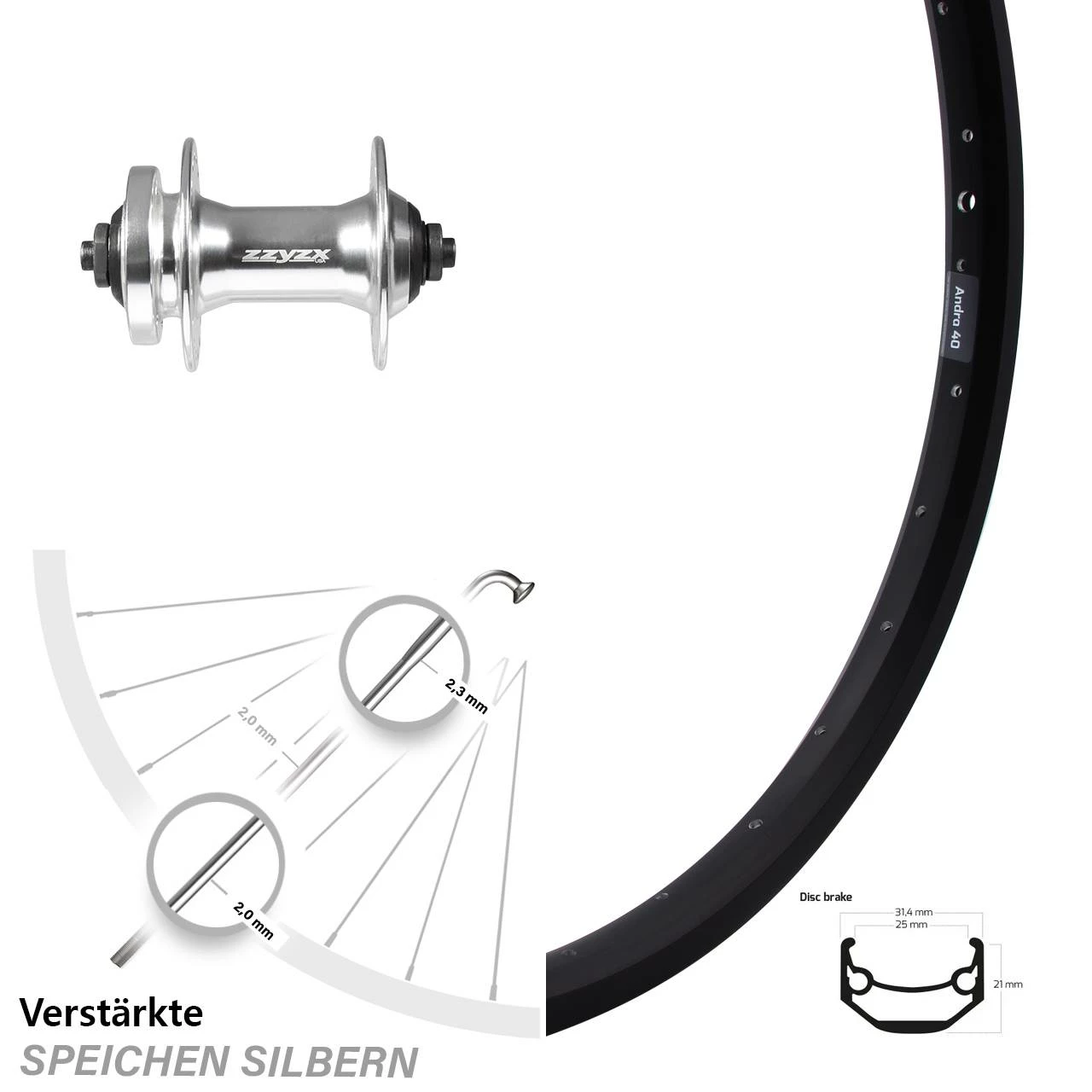 Ryde Andra 40 Disc-Vorderrad 20 Zoll Mit Formula DC-21 Nabe Silbern 3 Ryde Andra 40 Disc-Vorderrad 20 Zoll Mit Formula DC-21 Nabe Silbern