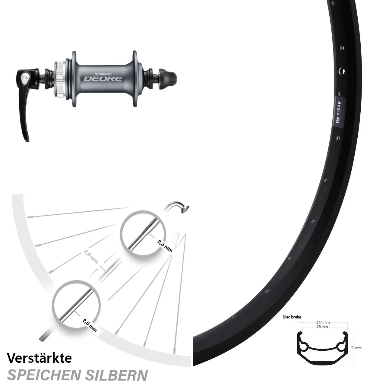 Vorderrad 26 Zoll Ryde Andra 40 Disc Shimano HB-M615 Silbern 3 Vorderrad 26 Zoll Ryde Andra 40 Disc Shimano HB-M615 Silbern