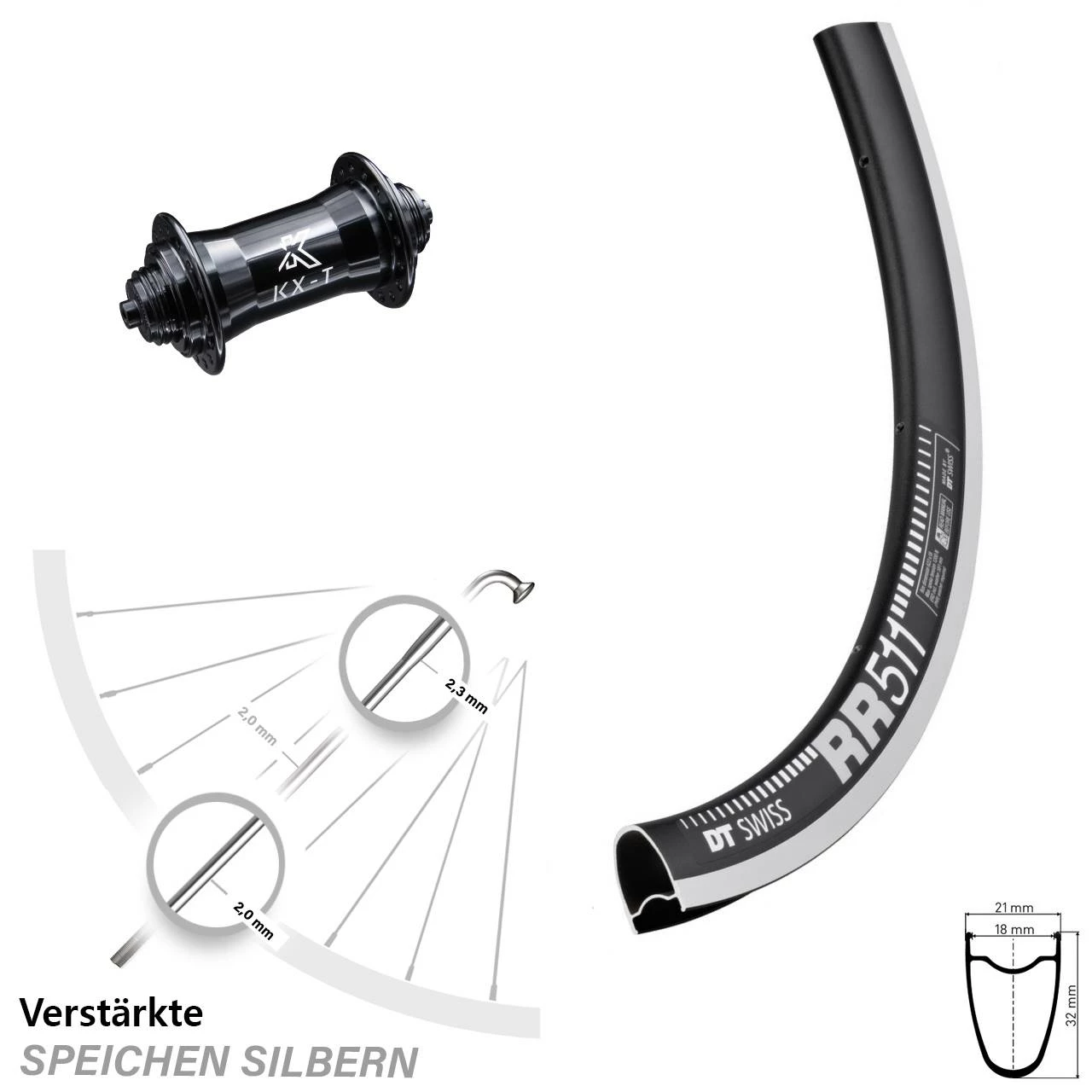 Dt-swiss 28 Zoll Vorderrad KX-T Nabe Schwarz DT Swiss RR 511 Felgenbremse Verstärkt 3 Dt-swiss 28 Zoll Vorderrad KX-T Nabe Schwarz DT Swiss RR 511 Felgenbremse Verstärkt