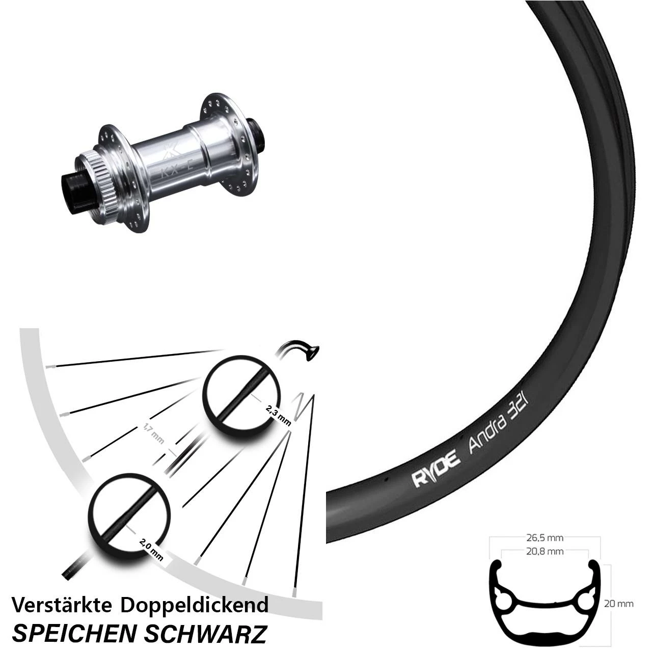 Vorderrad 27,5 Zoll KX-E Nabe Silbern-eloxiert 15x100 Mm Ryde Andra 321 3 Vorderrad 27,5 Zoll KX-E Nabe Silbern-eloxiert 15x100 Mm Ryde Andra 321