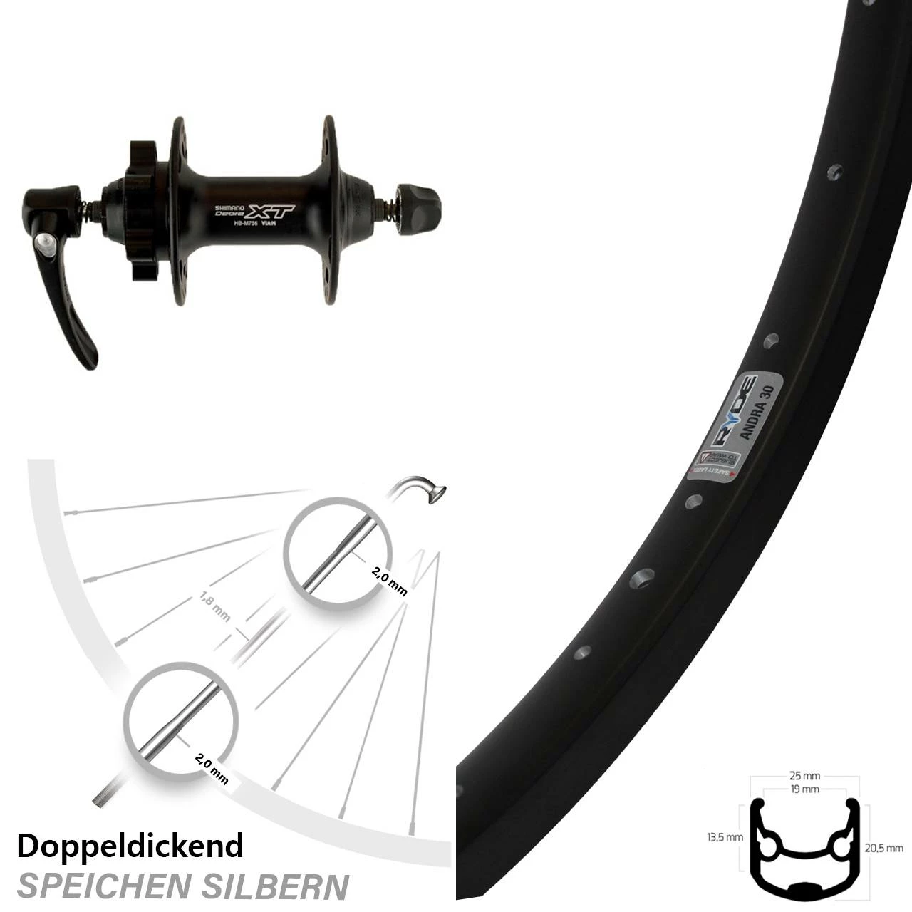 Vorderrad 28/29 Zoll Shimano XT Disk 6-Loch Ryde Andra 30 Schwarz 3 Vorderrad 28/29 Zoll Shimano XT Disk 6-Loch Ryde Andra 30 Schwarz