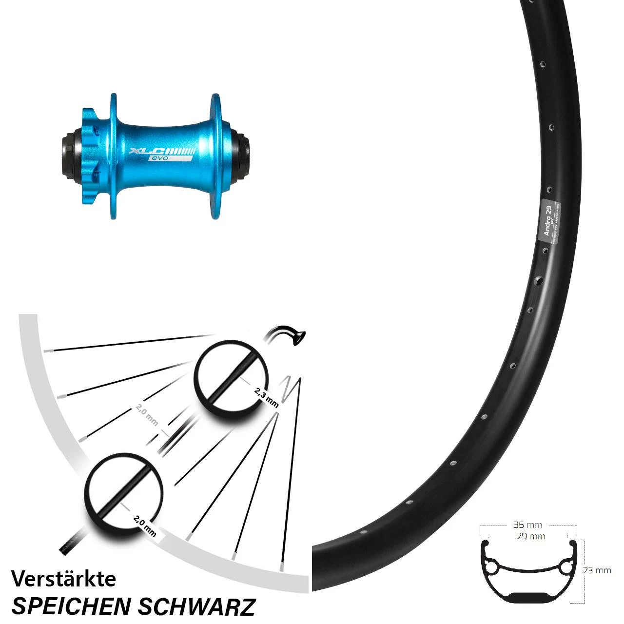 Vorderrad 29 Zoll Ryde Andra 29 XLC Evo Disc Blau Steckachse